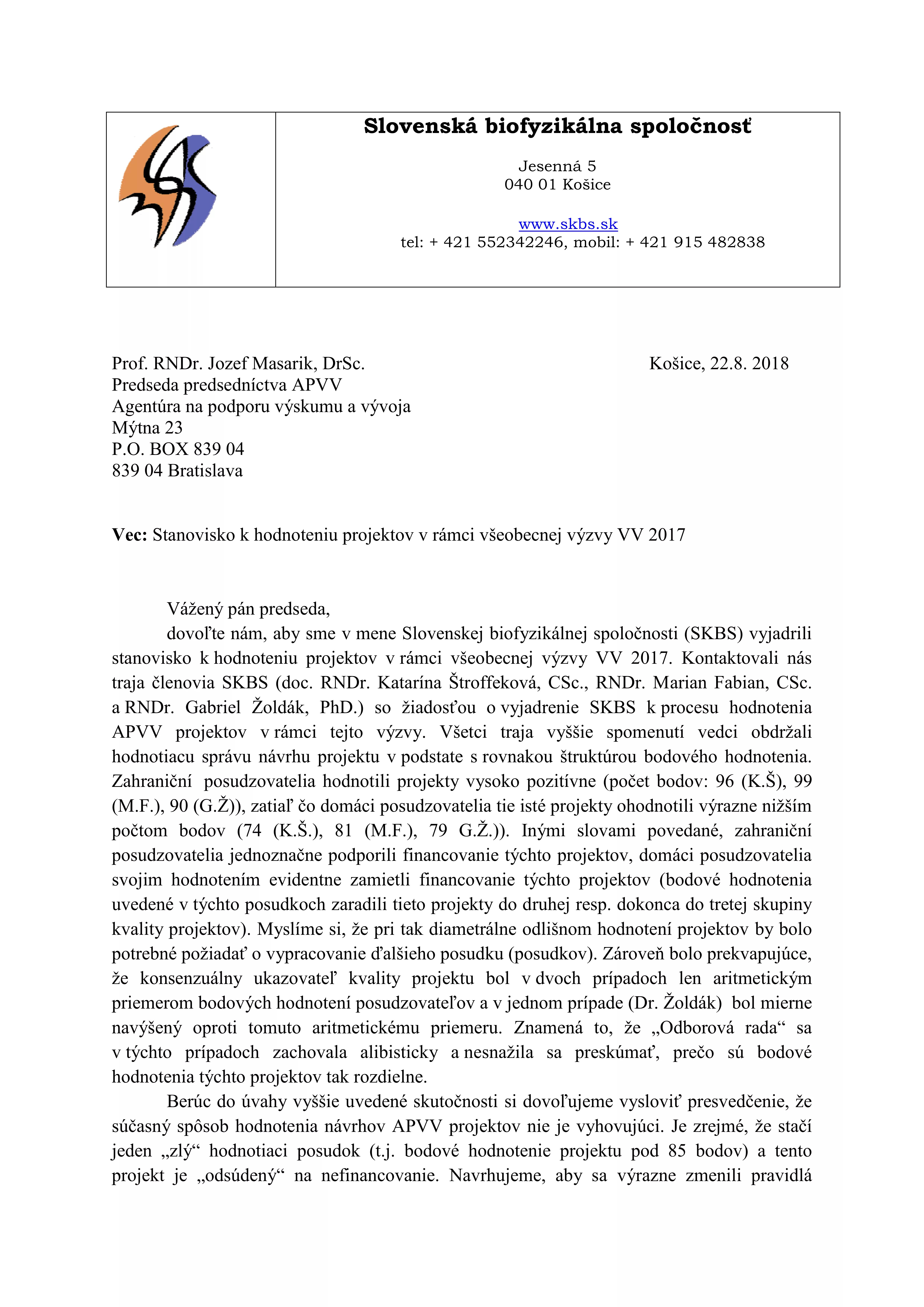 stanovisko SKBS k hodnoteniu APVV